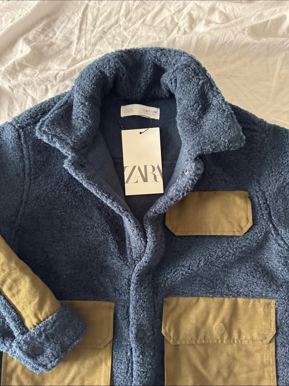 ZARA Kids Navy Sherpa Jacket with Contrast Tan Pockets NWT size 6-7